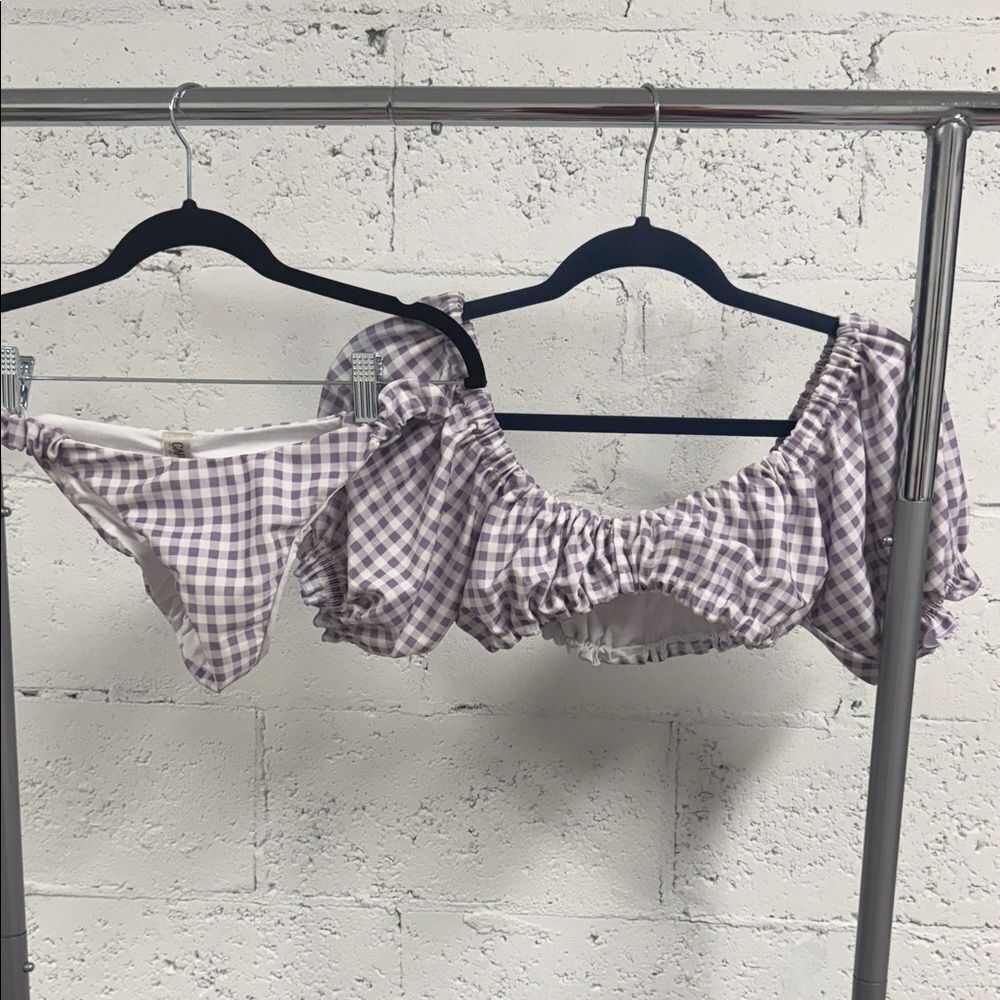 Cheeky Lilac Checkered Bikini Set Cute Off Shoulder Top Size Medium Bottom Large